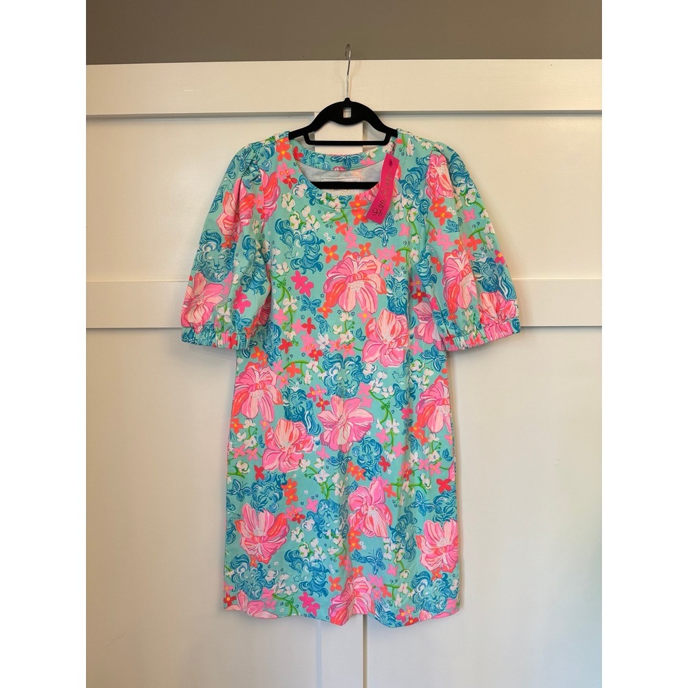 Lilly Pulitzer Cayce Short Sleeve Dress size Medium Surf Blue Lucious Lions NWT